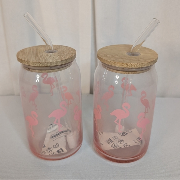 Flamingo Glass Tumbler with Straw Set Of 2 16oz. Each NWOT - Picture 1 of 3